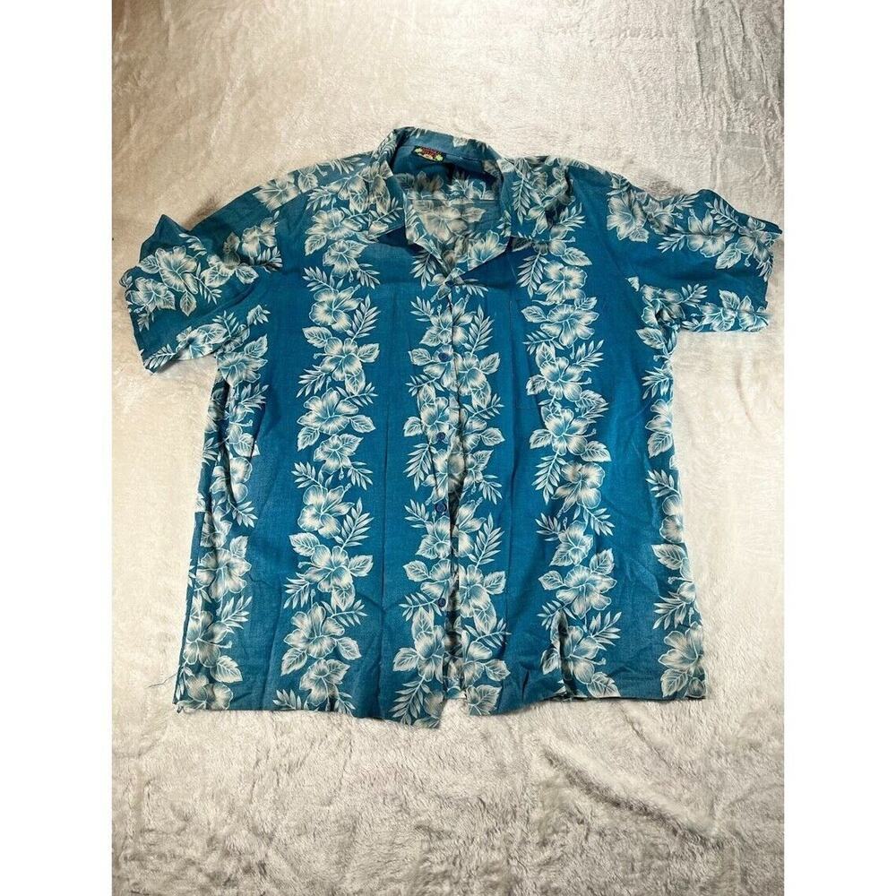 Hawaii Blues Button Down Shirt Short Sleeve Blue White Hawaiian XL